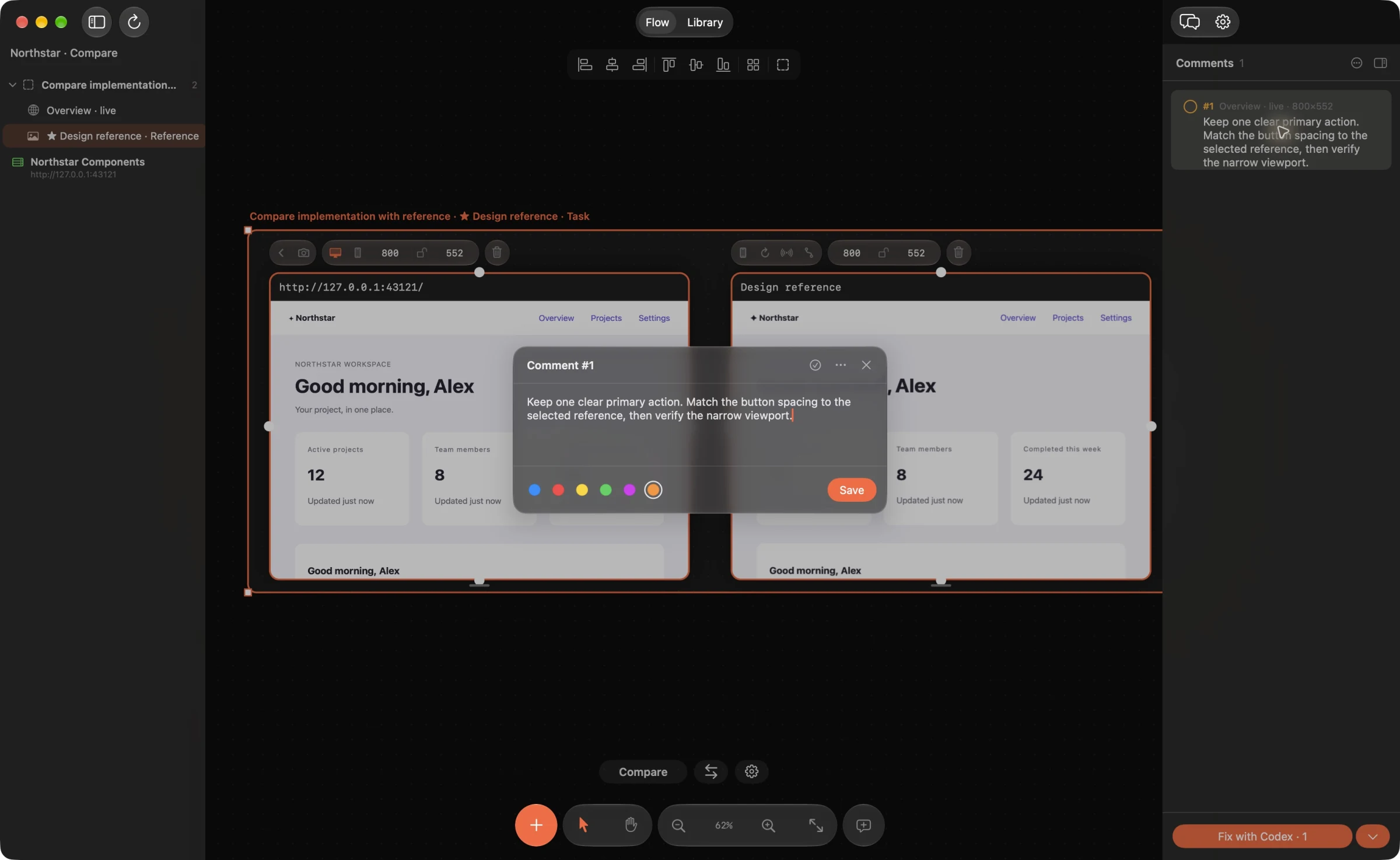A pinned review comment with an editable note and the Fix with Codex action.