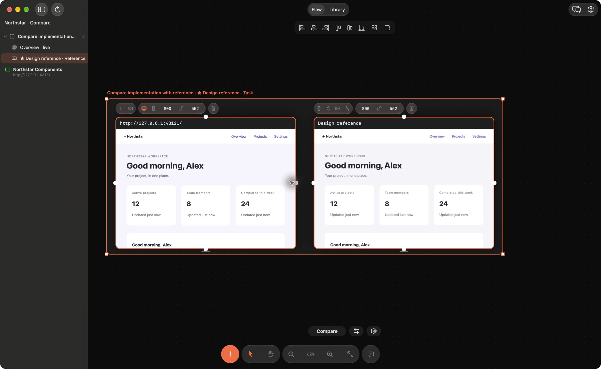 A live implementation and image reference selected side by side, ready for Compare.