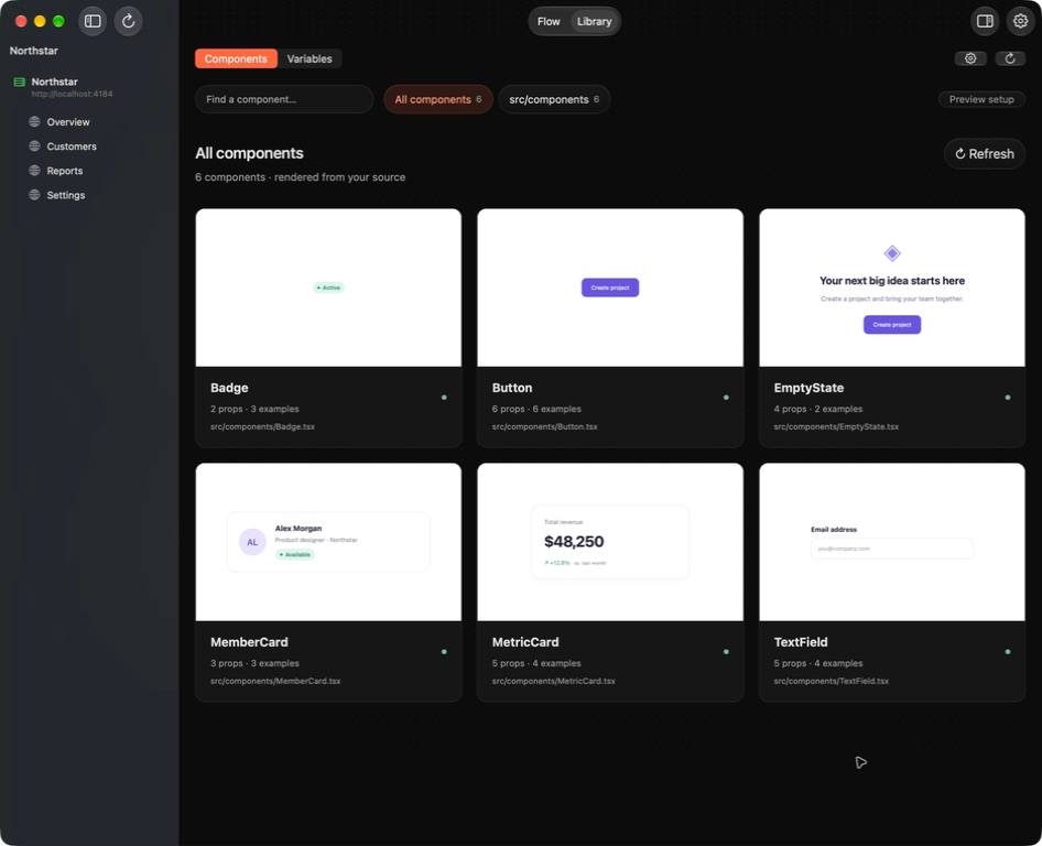 Web Frames Library showing six real React component previews.