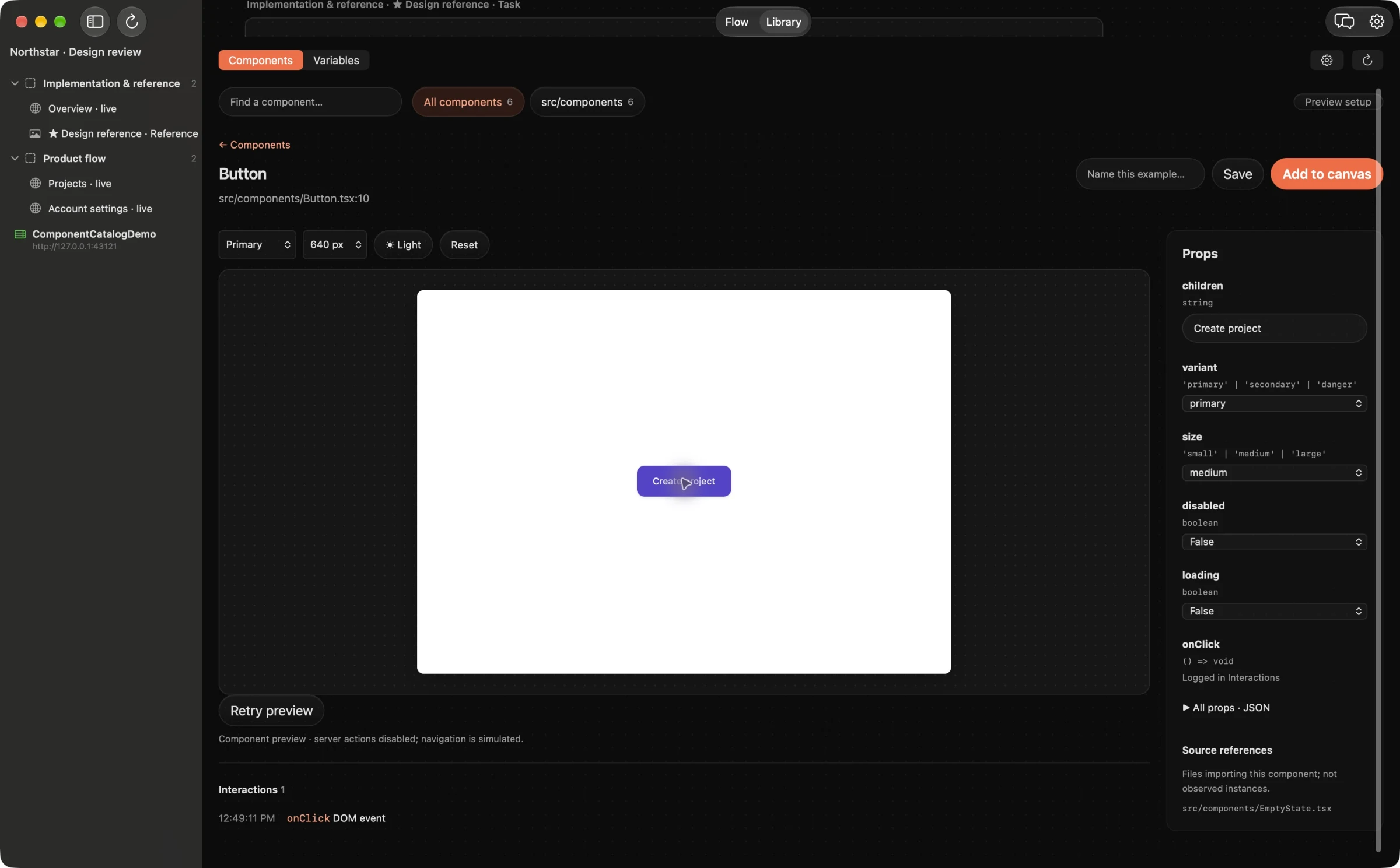 A live Button component preview with editable props, examples and an interaction log.