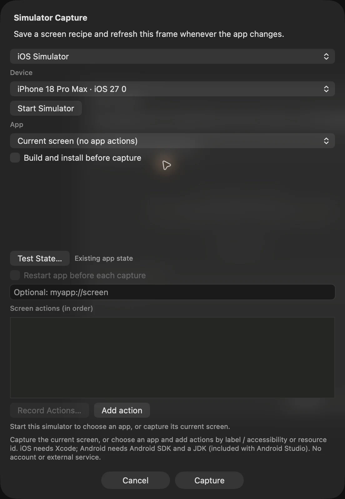 Native iOS simulator capture settings with device selection, test state and optional build controls.