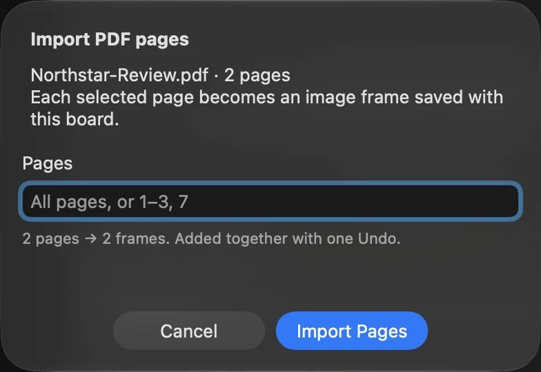 The native PDF page picker: choose all pages or enter page numbers and ranges.