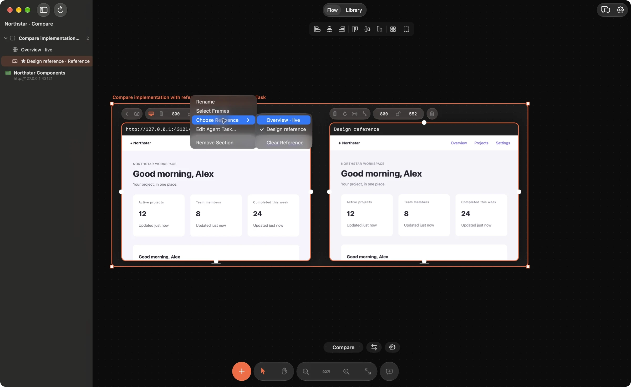 The Choose Reference menu with Design reference selected for a section.