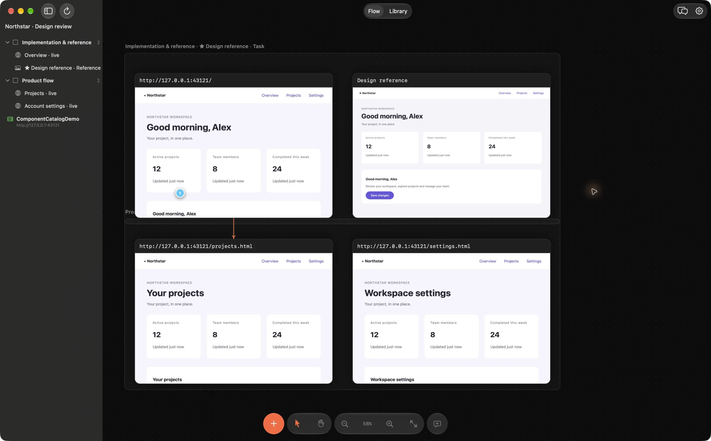 Live pages and a design reference, organized into sections on the Web Frames canvas.